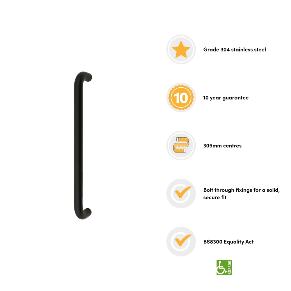 Altro 19mm D-Bar Door Pull Handle - Bolt Fix - 305mm Centres - Matt Black