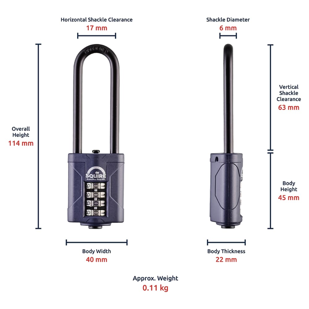 Squire Combination All Weather Extra Long Shackle Padlock - 40mm Body - 17 x 63mm Shackle - Blue