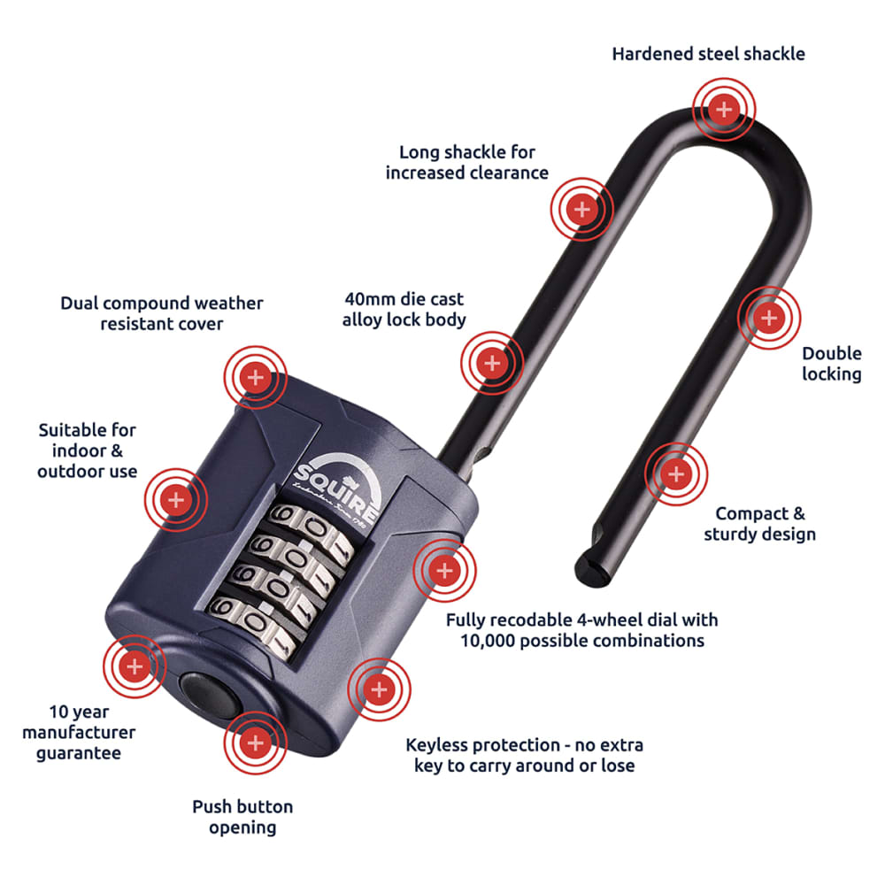 Squire Combination All Weather Extra Long Shackle Padlock - 40mm Body - 17 x 63mm Shackle - Blue