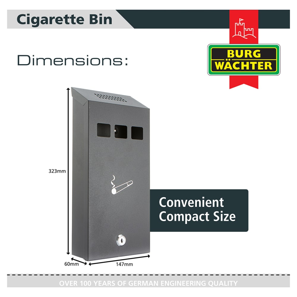 Burg Wachter CIG1 Compact Cigarette Bin - 147 x 323 x 60mm - Black