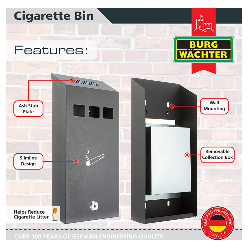 Burg Wachter CIG1 Compact Cigarette Bin - 147 x 323 x 60mm - Black