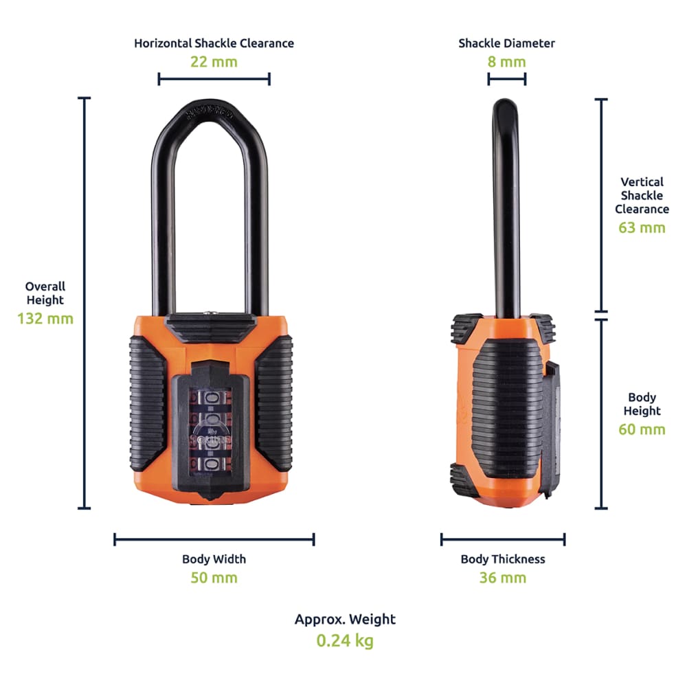 Squire All Weather Combination Long Shackle Padlock - 50mm Body - 62 x 23mm Shackle - Orange