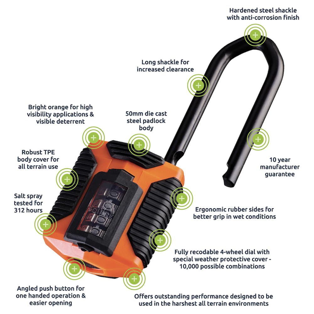 Squire All Weather Combination Long Shackle Padlock - 50mm Body - 62 x 23mm Shackle - Orange