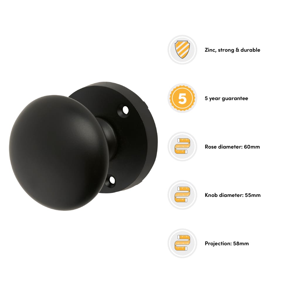 Touchpoint Round Mortice Door Knob - 60mm Rose Diameter - Matt Black 