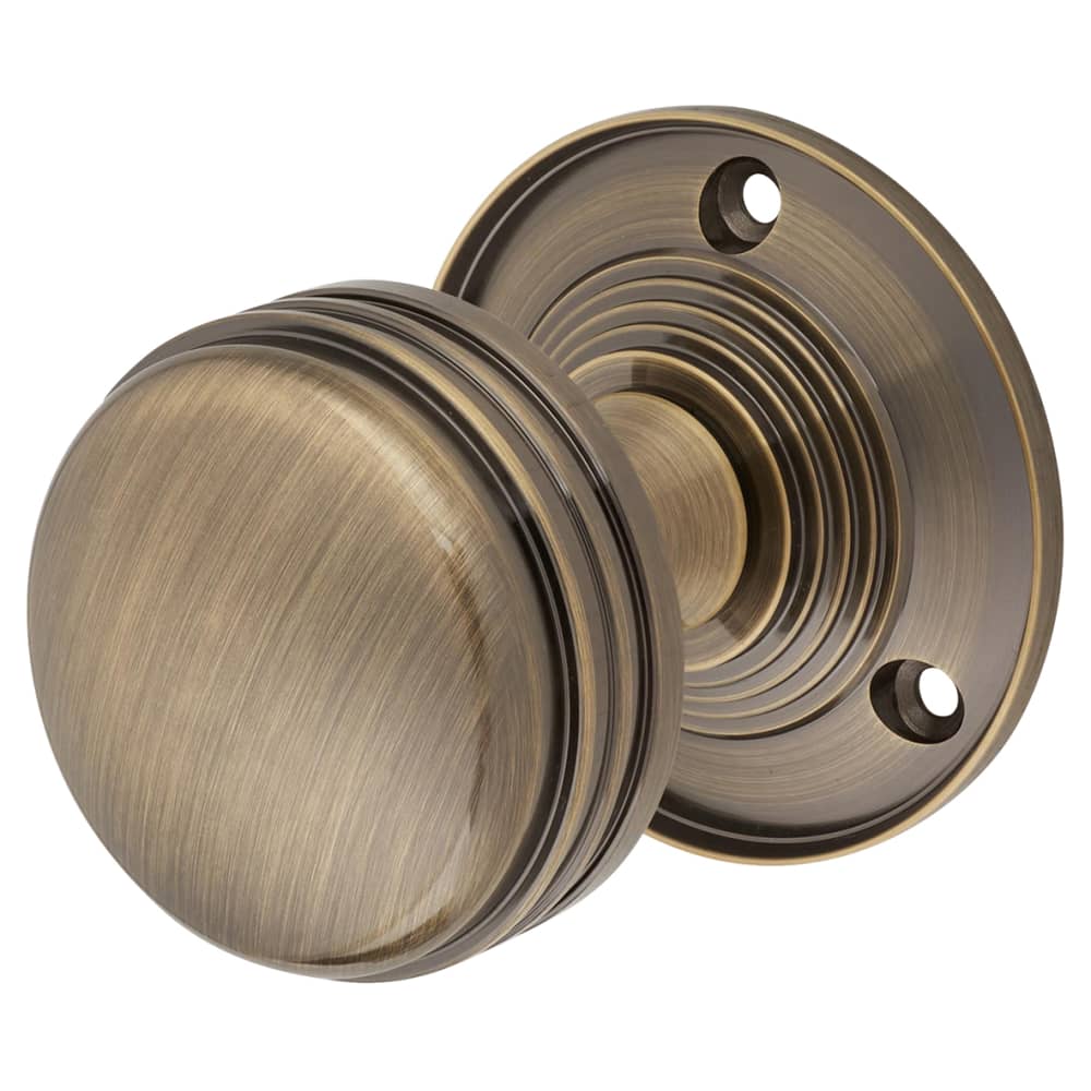 Touchpoint Ringed Mortice Door Knob - 63mm Rose Diameter - Antique Brass