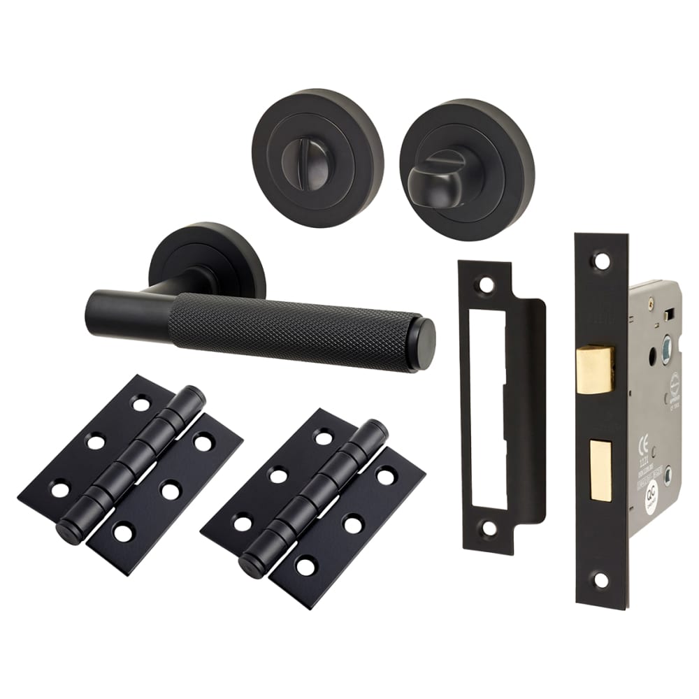 Altro Remi Knurled Bathroom Lock Door Handle Kit - Matt Black 