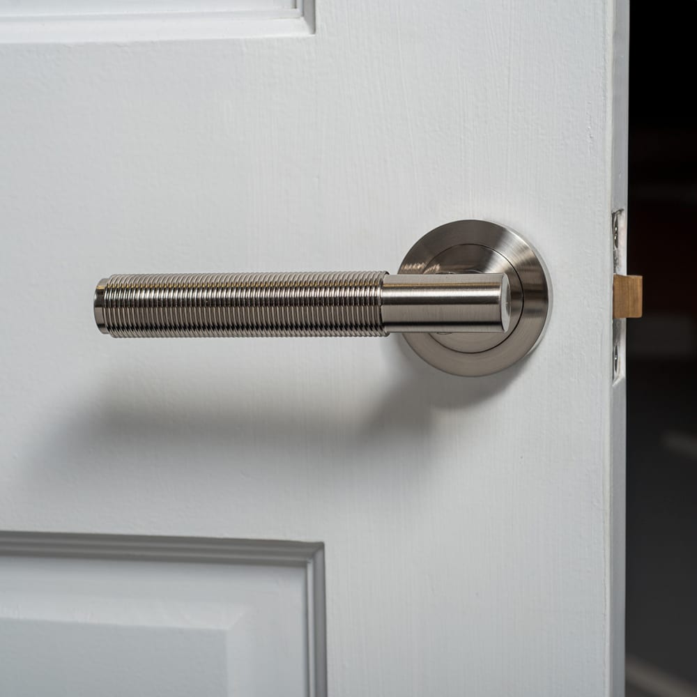 Altro Lily Reeded Door Handle on Rose - Satin Nickel 