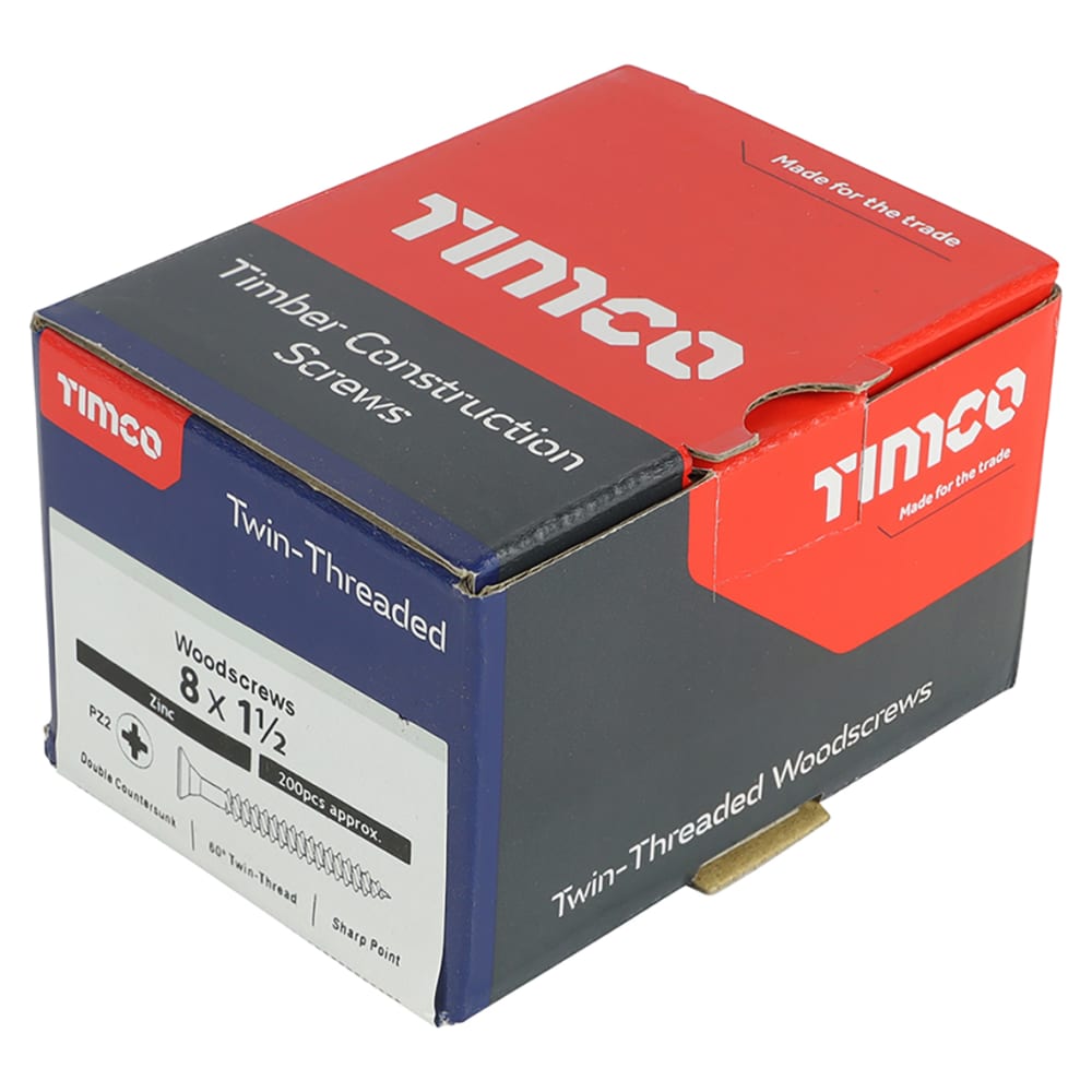 TIMCO Twin Threaded Pozi Countersunk Wood Screws - 8 x 1 1/2" - Zinc Plated - Pack of 200