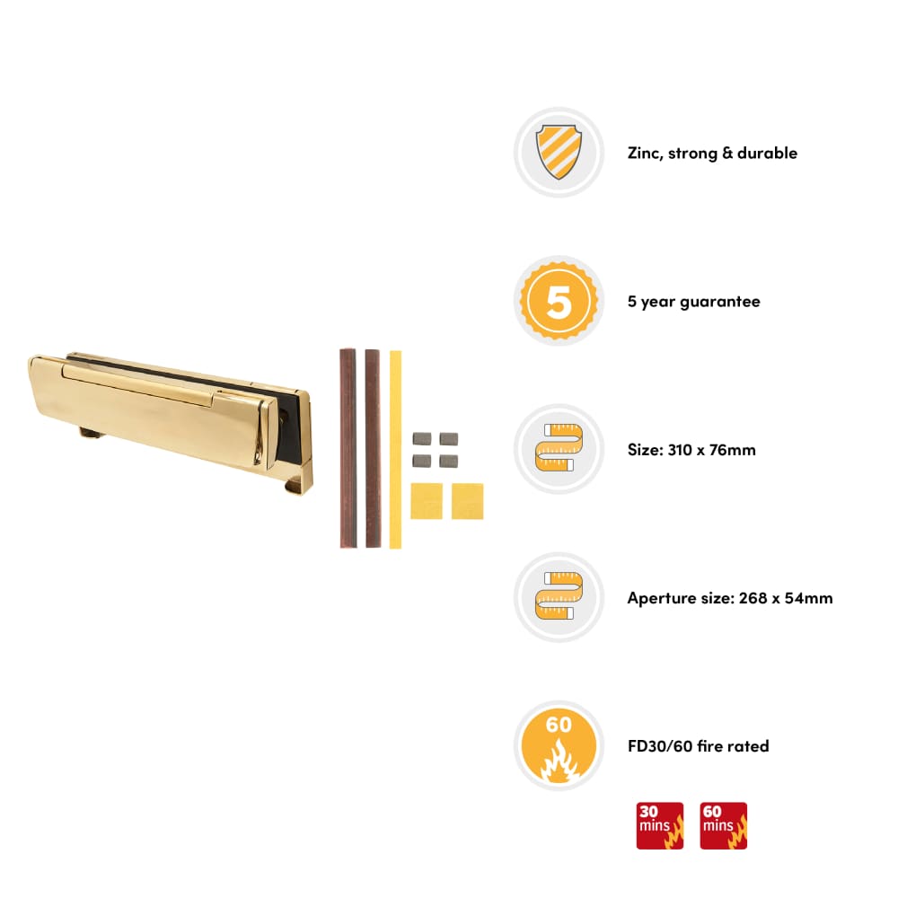 Arrone AR708FHS Fire Rated TS008 Security Letter Plate - 310 x 21mm - Polished Brass