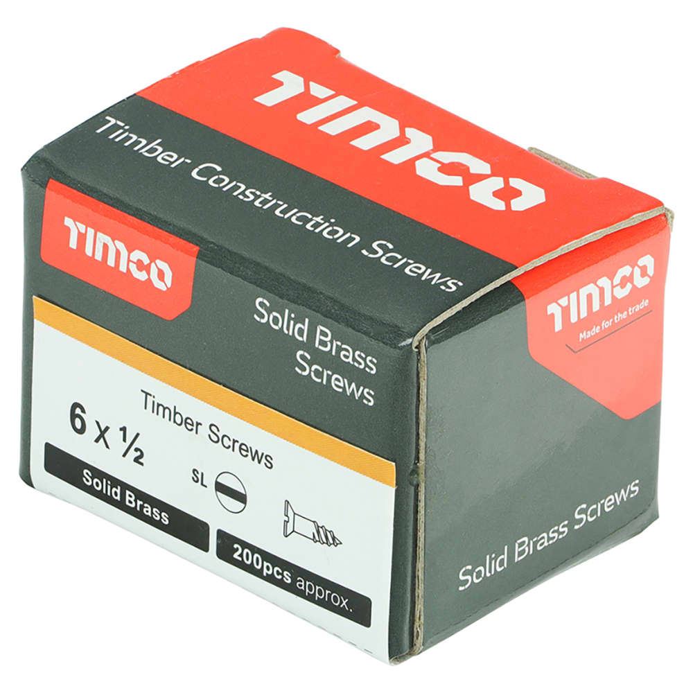 TIMCO Slotted Countersunk Wood Screws - 6 x 1/2" - Solid Brass - Pack of 200