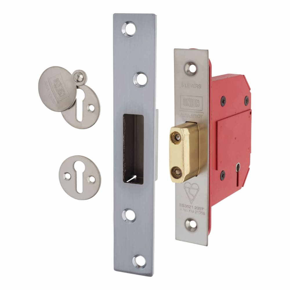UNION 2100S StrongBOLT BS3621:2007 5 Lever Deadlock - 81mm Case - 57mm Backset - Satin Chrome