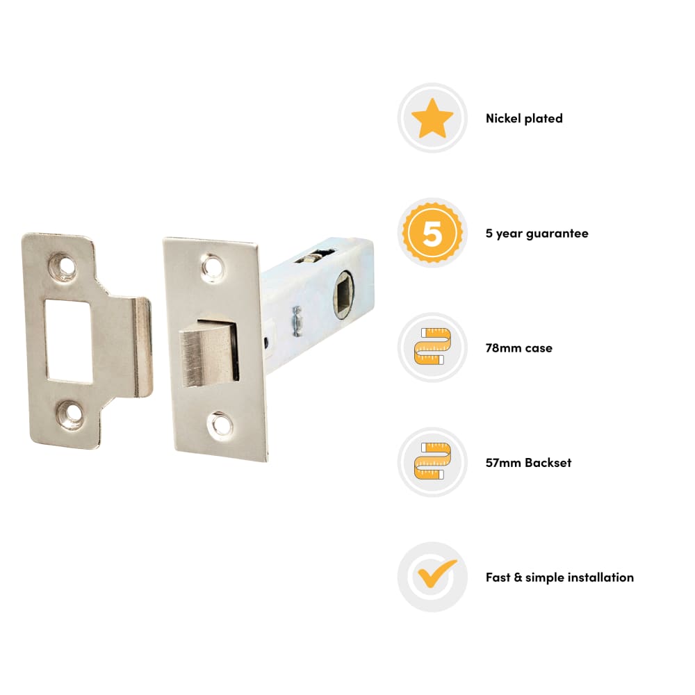 Touchpoint Budget Tubular Latch - 78mm Case - 57mm Backset - Square - Nickel Plated