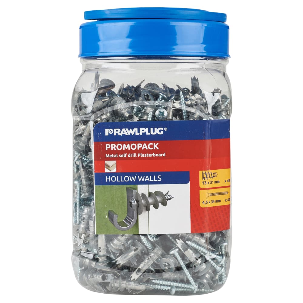 Rawlplug Metal Self-Drill Fixing Plasterboard Plug - 13 x 31mm - Jar of 400 Plugs and 400 Screws