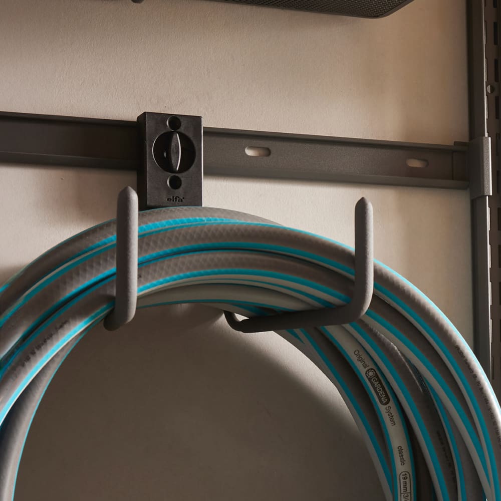 elfa Garage+ Storage Top Track System - Wide Double L-Hook for Storage Track - Matt Grey