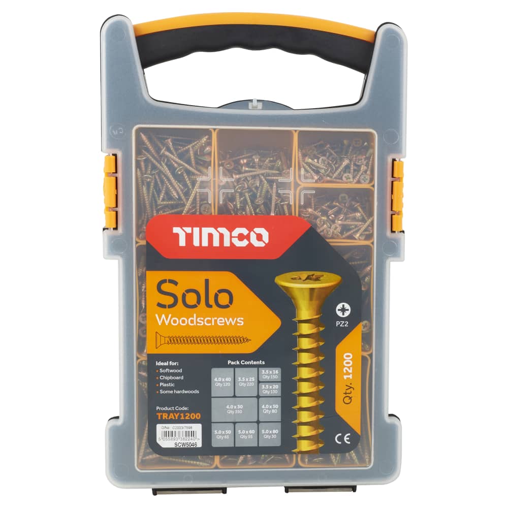 TIMCO Assorted Solo Chippy Pozi Countersunk Wood Screws - Mixed Tray - Yellow Zinc - Pack of 1200