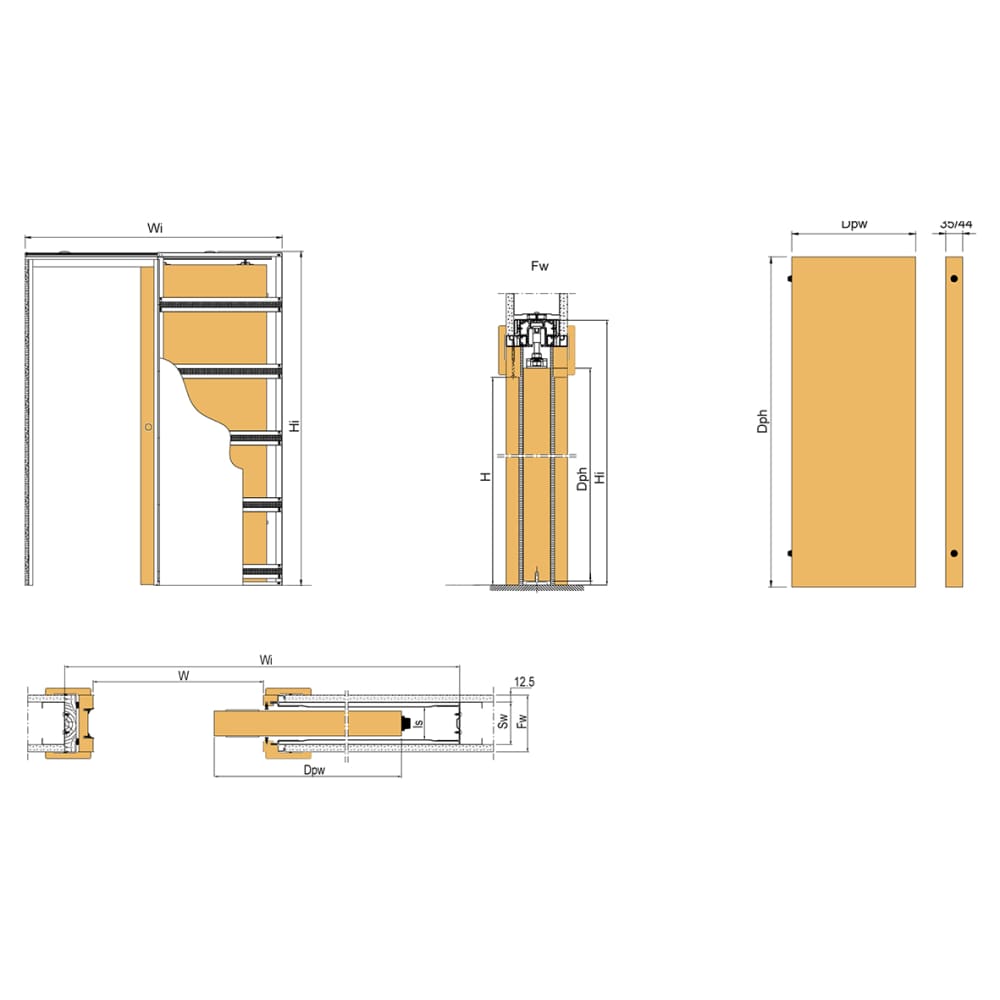 Scrigno OpenBox Single Pocket Door Kit - 125mm Finished Wall Thickness - 826 x 2040mm Door Size