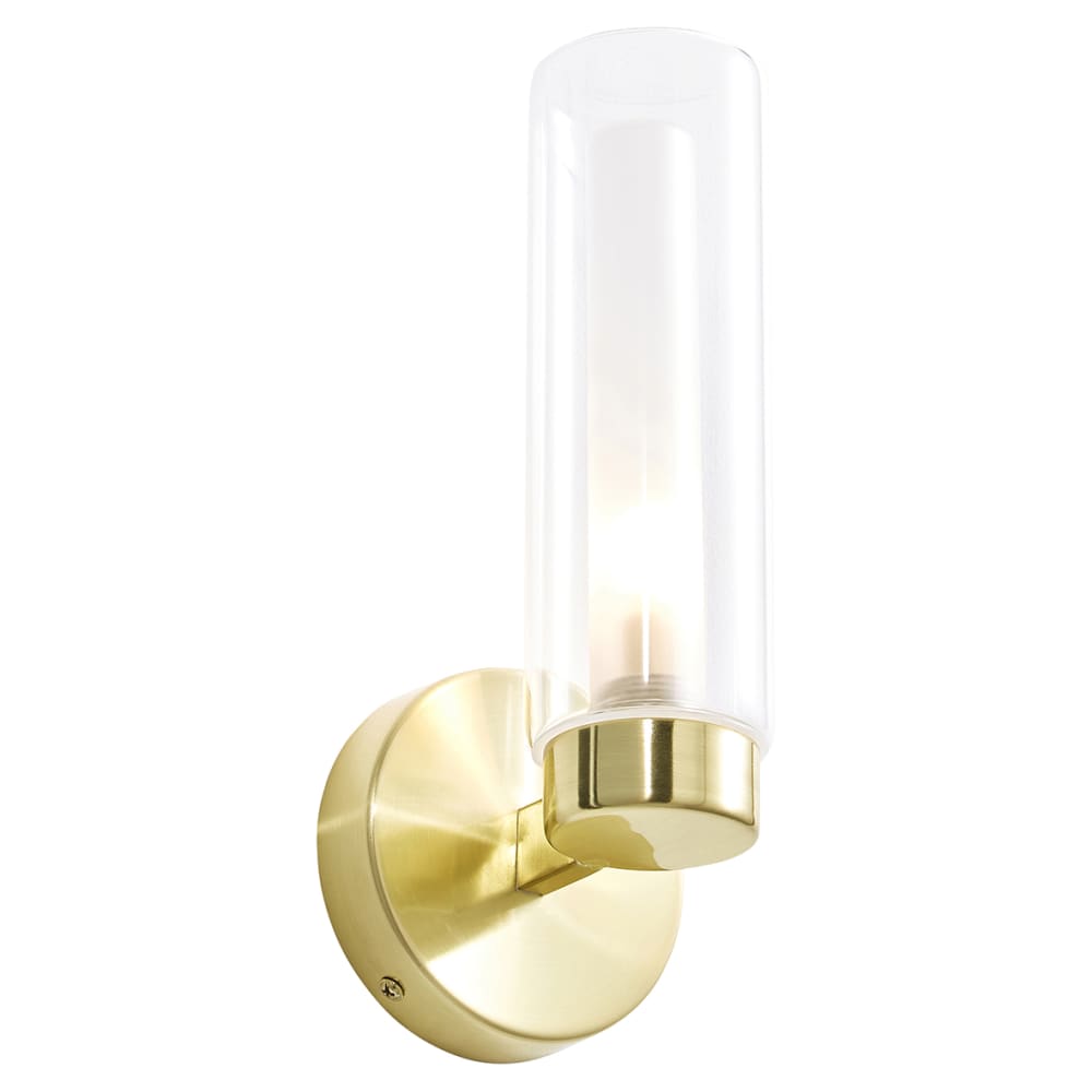 Forum Spa Sparti LED Bathroom Wall Light - IP44 - Satin Brass with Clear Cylindrical Glass Shade