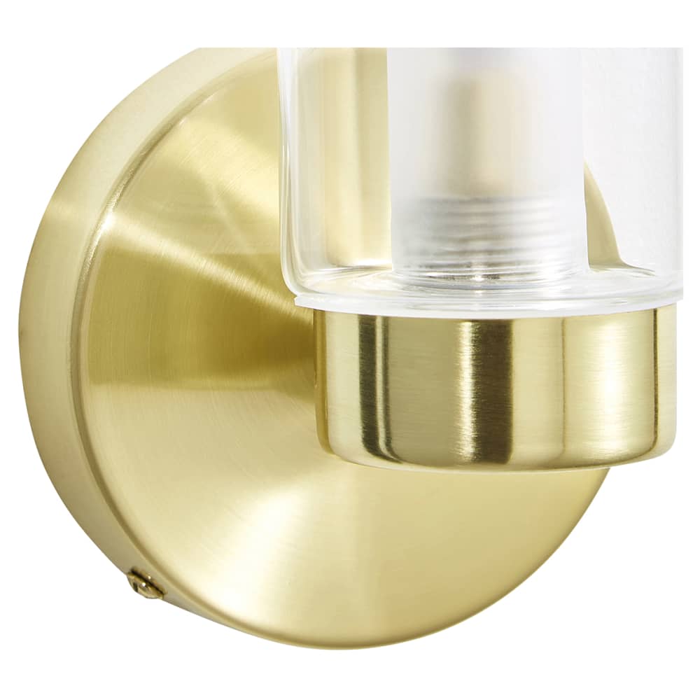 Forum Spa Sparti LED Bathroom Wall Light - IP44 - Satin Brass with Clear Cylindrical Glass Shade