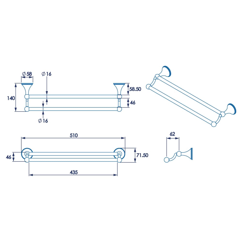 Croydex Westminster Round Double Towel Rail - 70 x 510 x 140mm - Polished Chrome