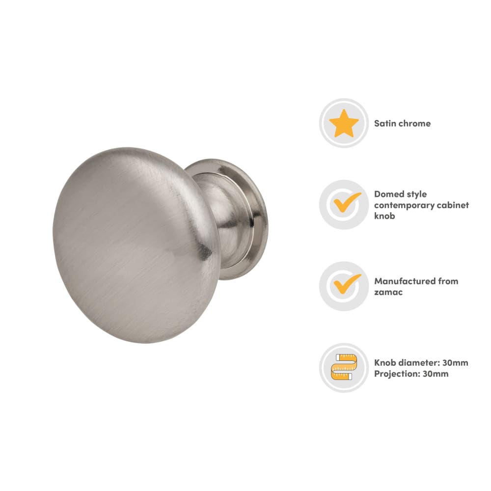 Touchpoint Domed Round Cabinet Knob - 30mm Diameter - Satin Chrome