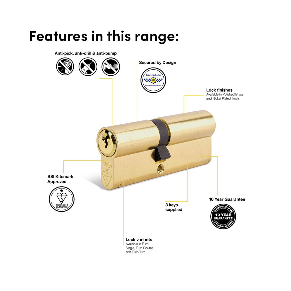 Yale 1 Star 6 Pin Kitemarked 105mm Euro Double Cylinder - 50 + 55mm - Pol Brass - Keyed to Differ