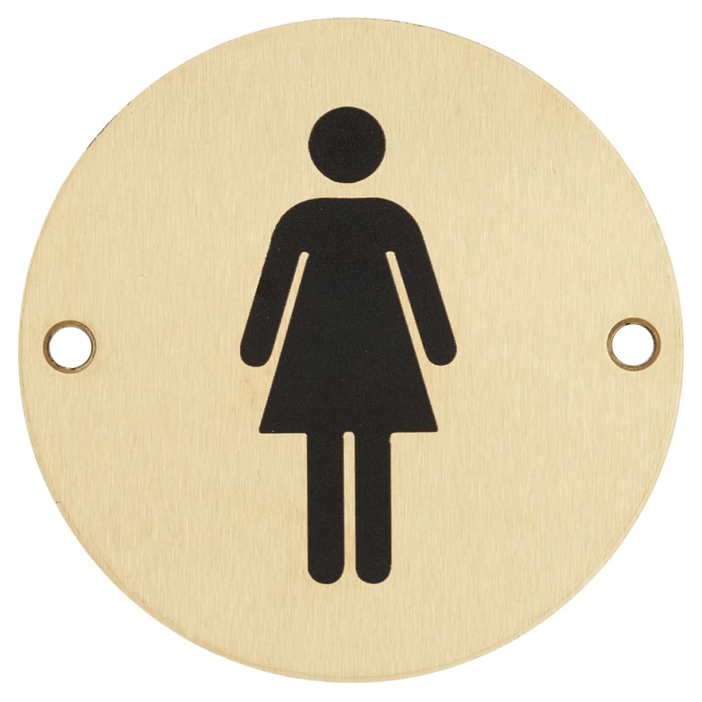 Ladies Toilet Door Sign - 75mm Diameter - Satin Brass