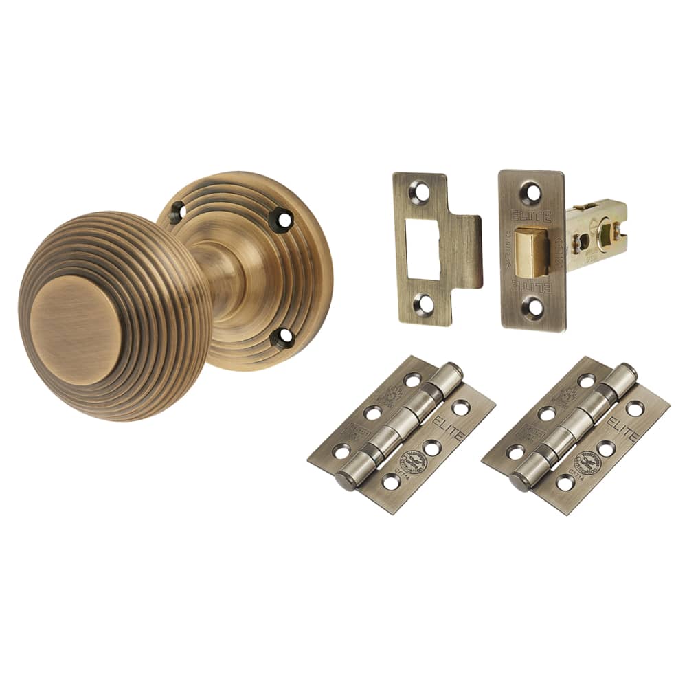 Touchpoint Reeded Beehive Mortice Door Knob Kit - 60mm Rose Diameter - Antique Brass