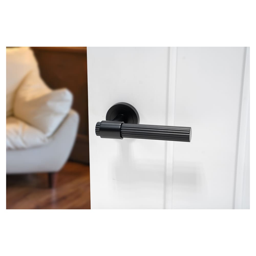Hampstead Eva Lines Door Handle on Rose - Matt Black 