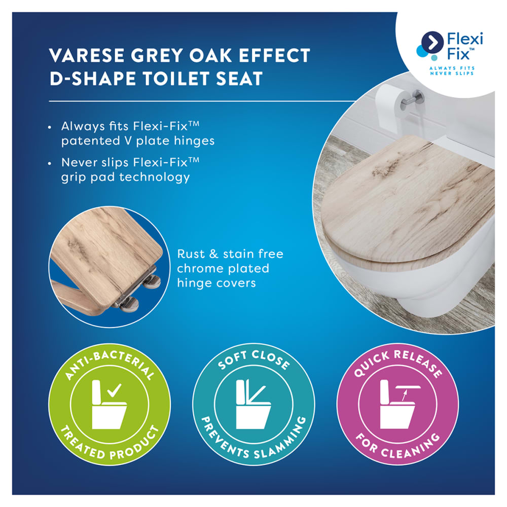 Croydex Varese Flexi-Fix Soft Close Wooden Toilet Seat - Grey Oak