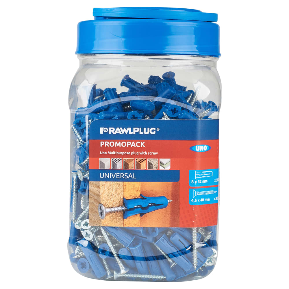 Rawlplug UNO Universal Wall Plugs and Screws - 8 x 32mm - Blue - Jar of 300 Plugs and 300 Screws
