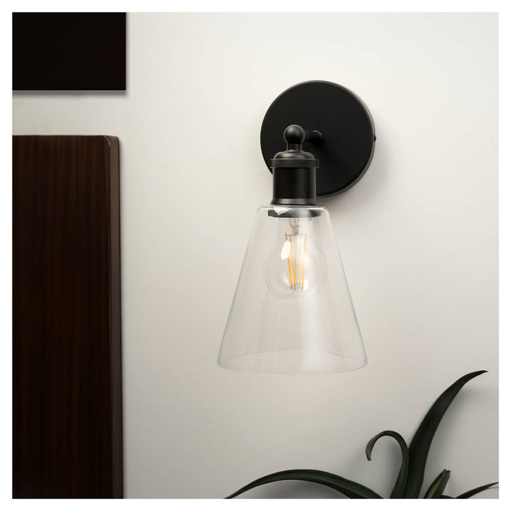 Altro Divi Indoor Wall Light - Matt Black Fittings and Hooded Clear Glass Shade 