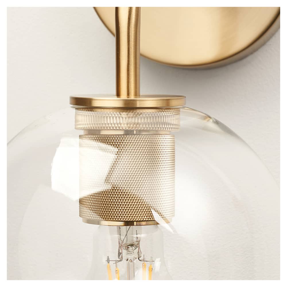 Altro Noord Knurled Indoor Wall Light - Satin Brass Fittings and Domed Clear Glass Shade