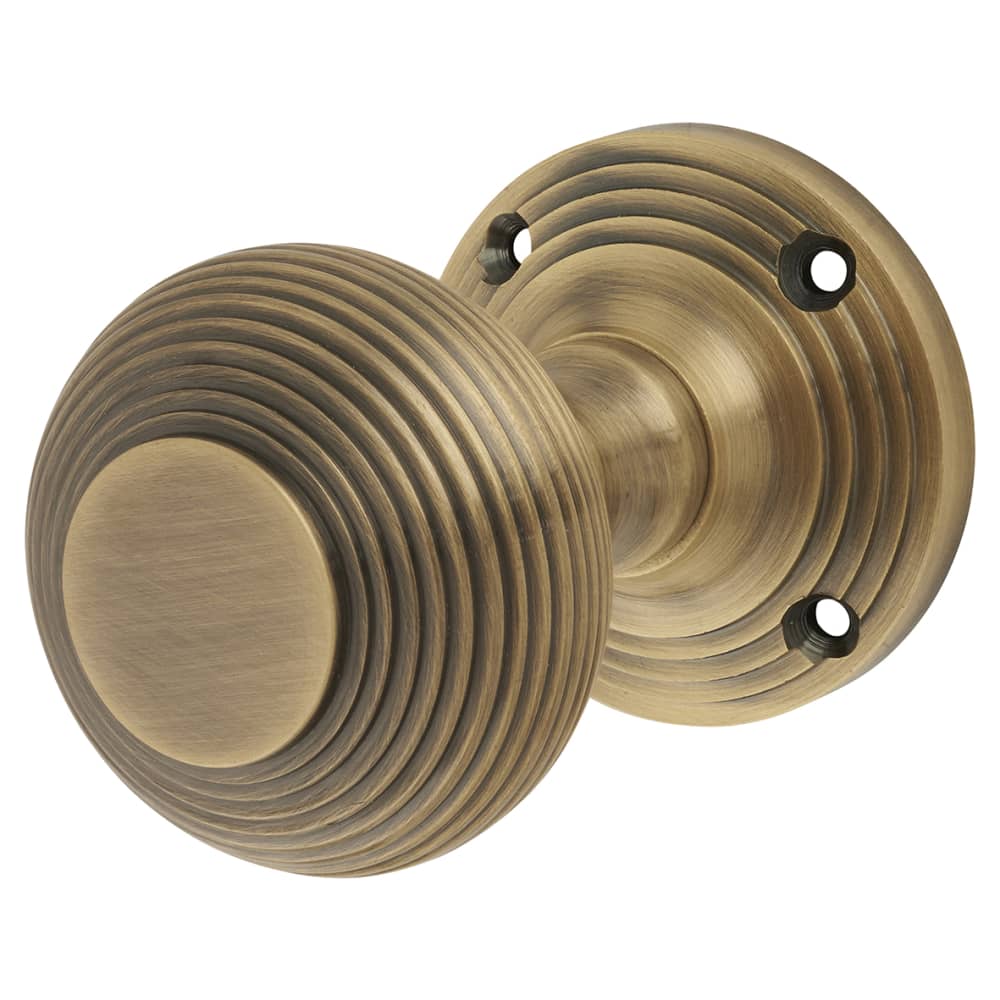 Touchpoint Reeded Beehive Mortice Door Knob - 60mm Rose Diameter - Antique Brass