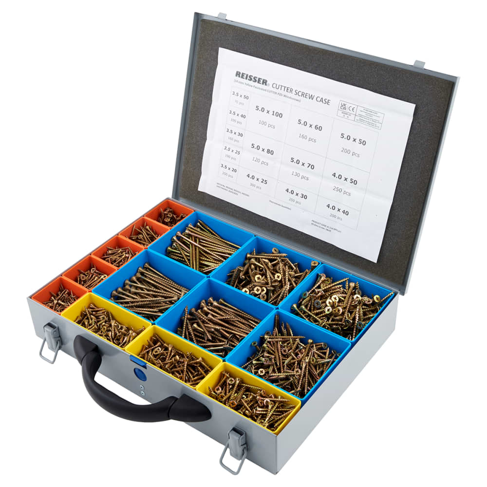 Reisser Cutter Pozi Countersunk Wood Screws Trade Pack Carry Case - Yellow Zinc - Pack of 2480