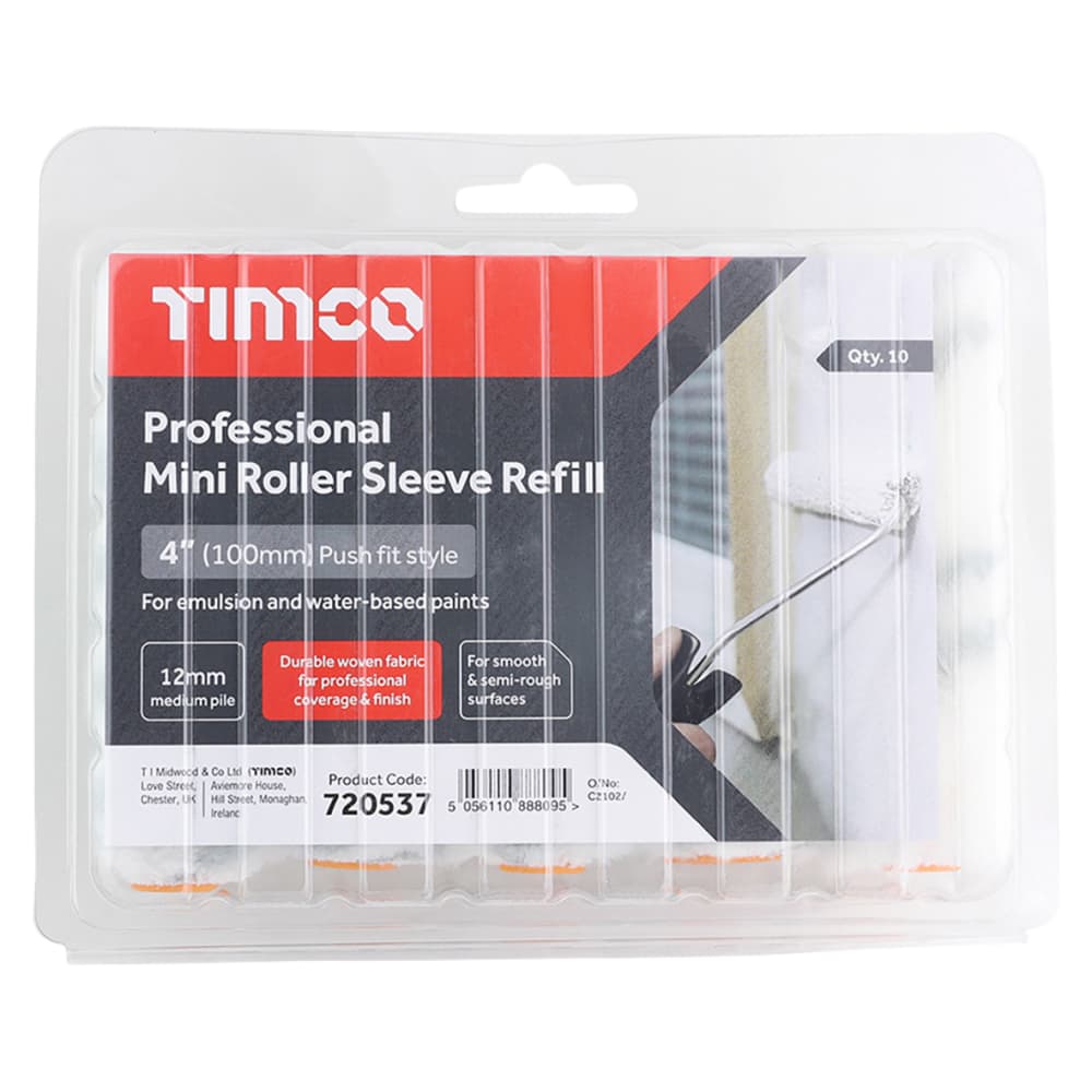 TIMCO Pro Medium Pile Mini Paint Roller Sleeves - 4"/100mm Width - Pack of 10
