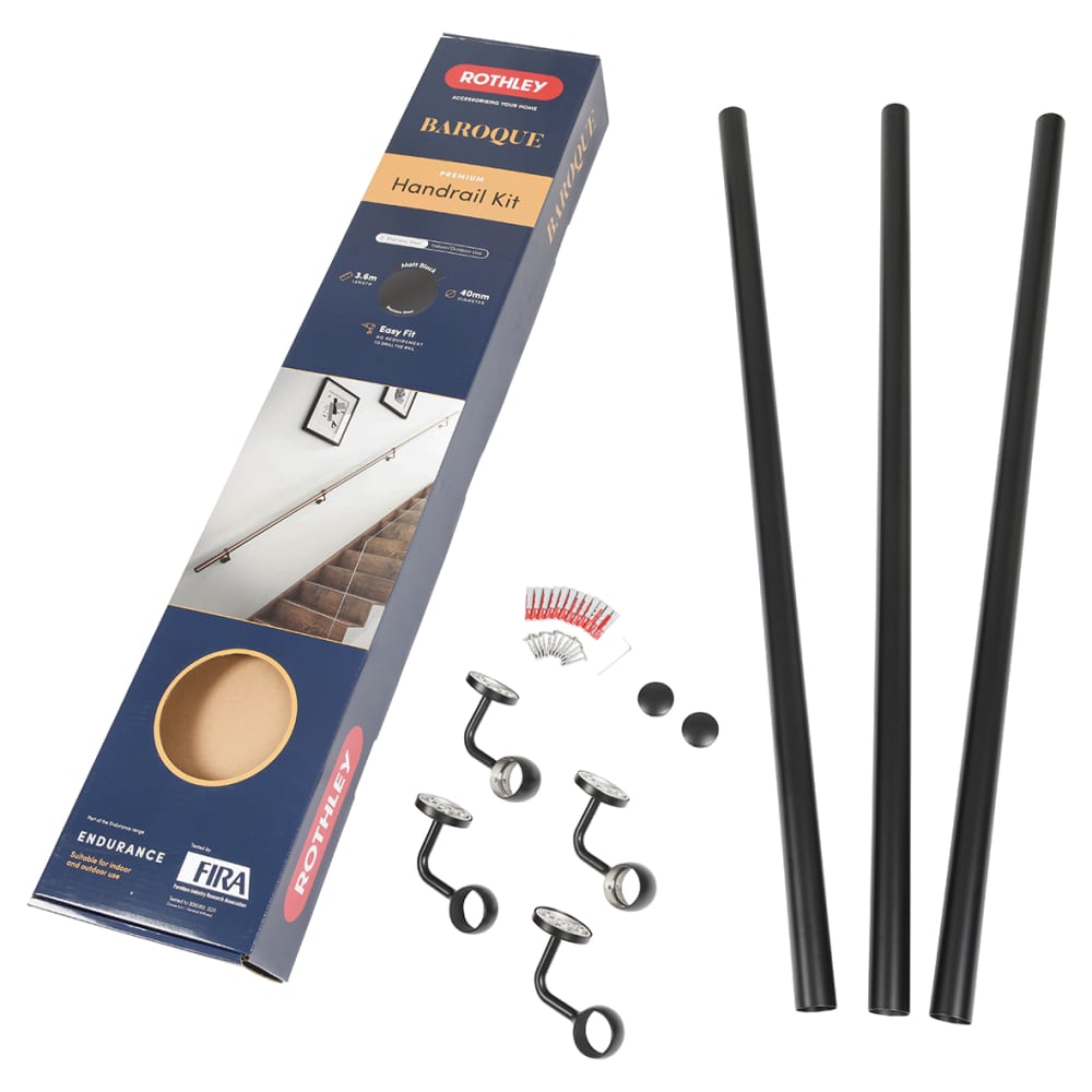 Rothley 40mm Handrail Banister Staircase Rail Support Kit - 3600mm Length - Matt Black