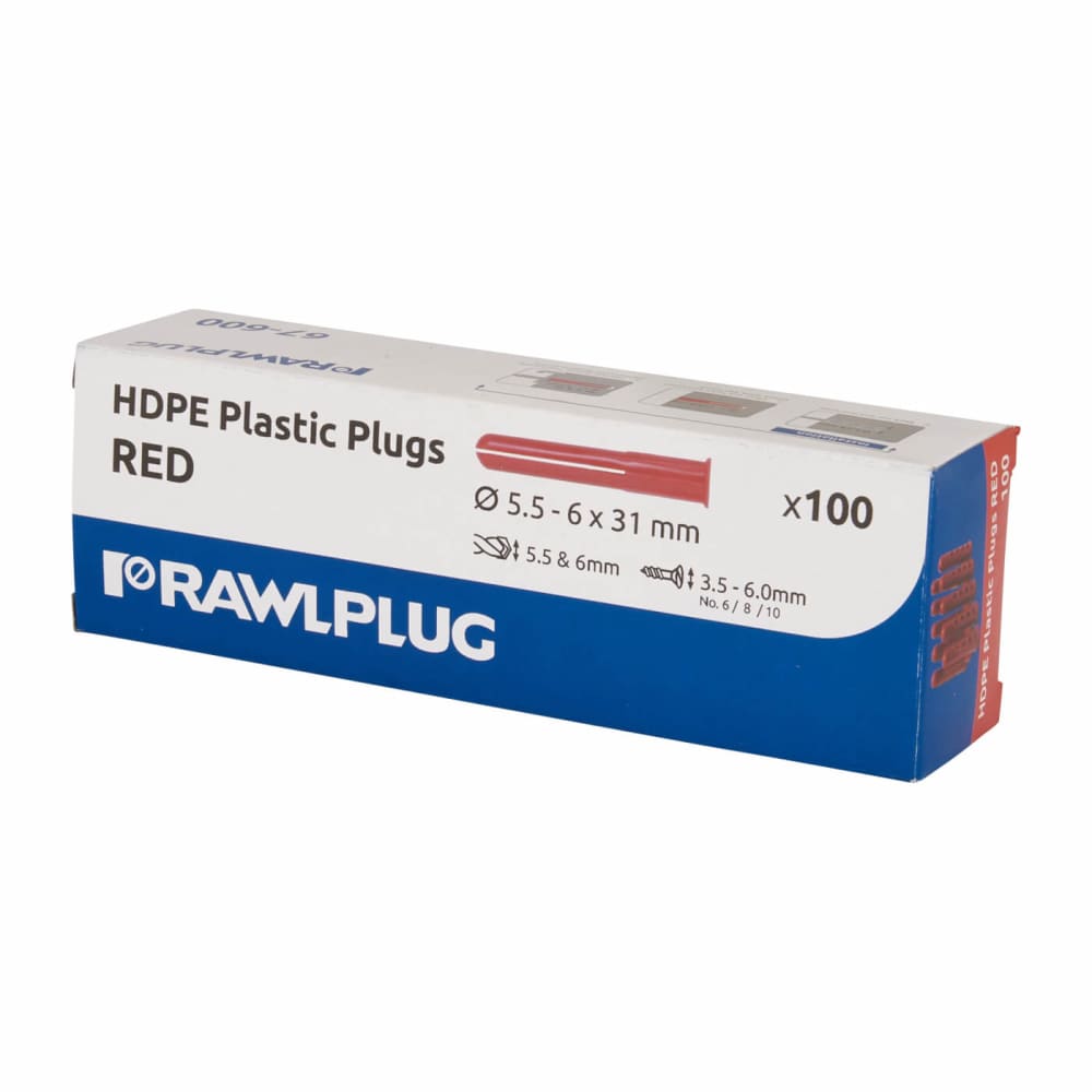 Rawlplug HDPE Plastic Wall Plug - 6 x 31mm - Red - Pack of 100