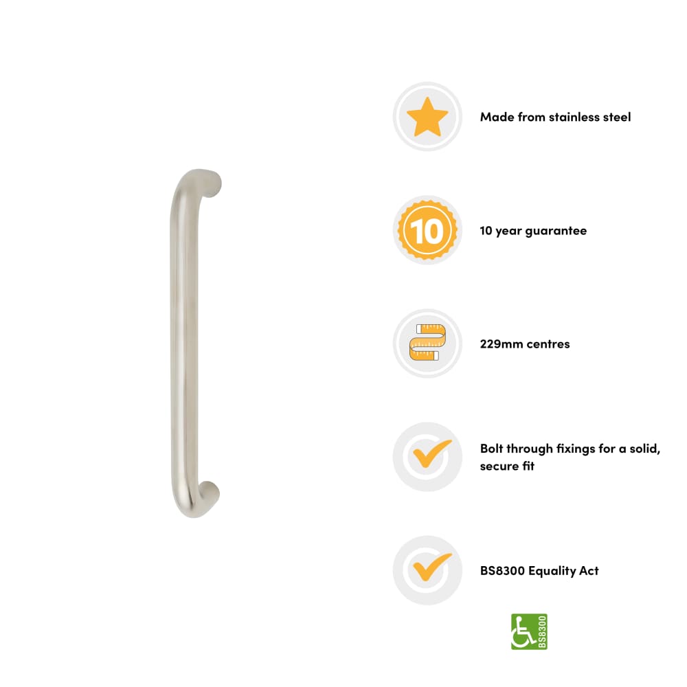 Altro 19mm D-Bar Door Pull Handle - Bolt Fix - 229mm Centres - Polished Stainless Steel