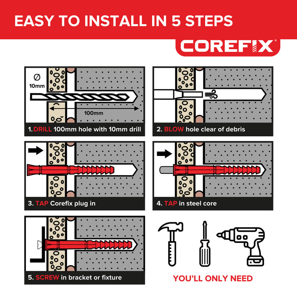 Corefix Connect 100 - Dot and Dab or Drylined Wall Fixing Solution - Red - Pack of 4