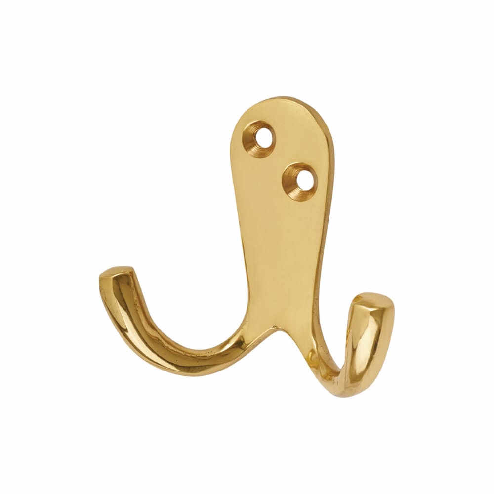 Solid Brass Double Coat Hook - Polished Brass