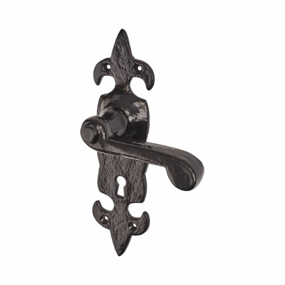 Elan Fleur de Lys Lock Door Handle - Keyhole - 210 x 55mm - Metalized Antique Black Iron