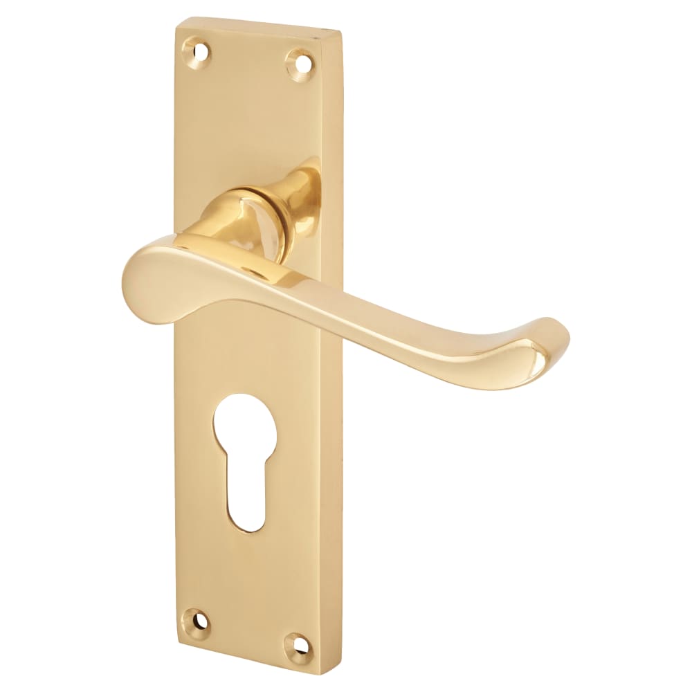 Touchpoint Victorian Scroll Lock Door Handle - Euro - 155 x 42mm - Polished Brass
