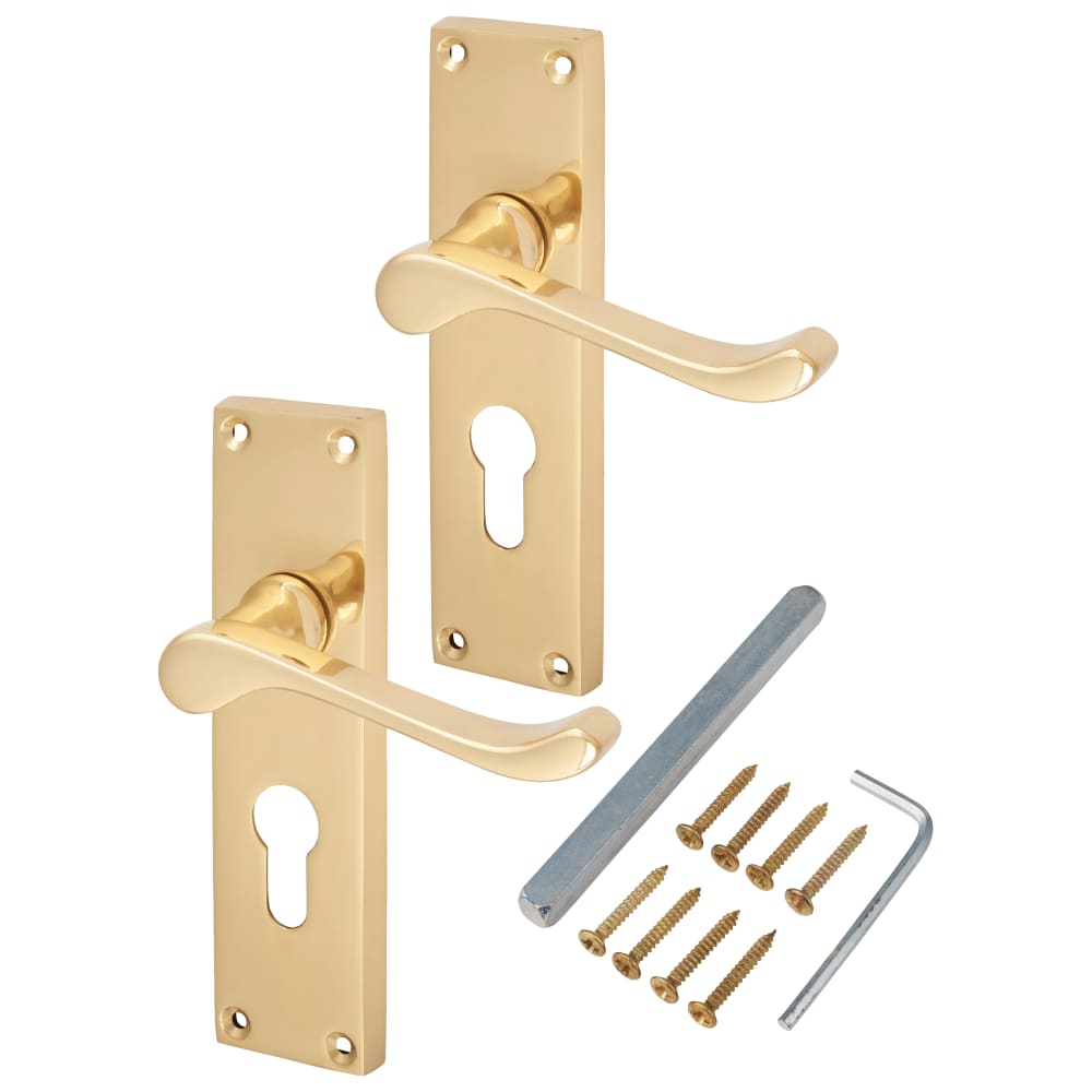 Touchpoint Victorian Scroll Lock Door Handle - Euro - 155 x 42mm - Polished Brass