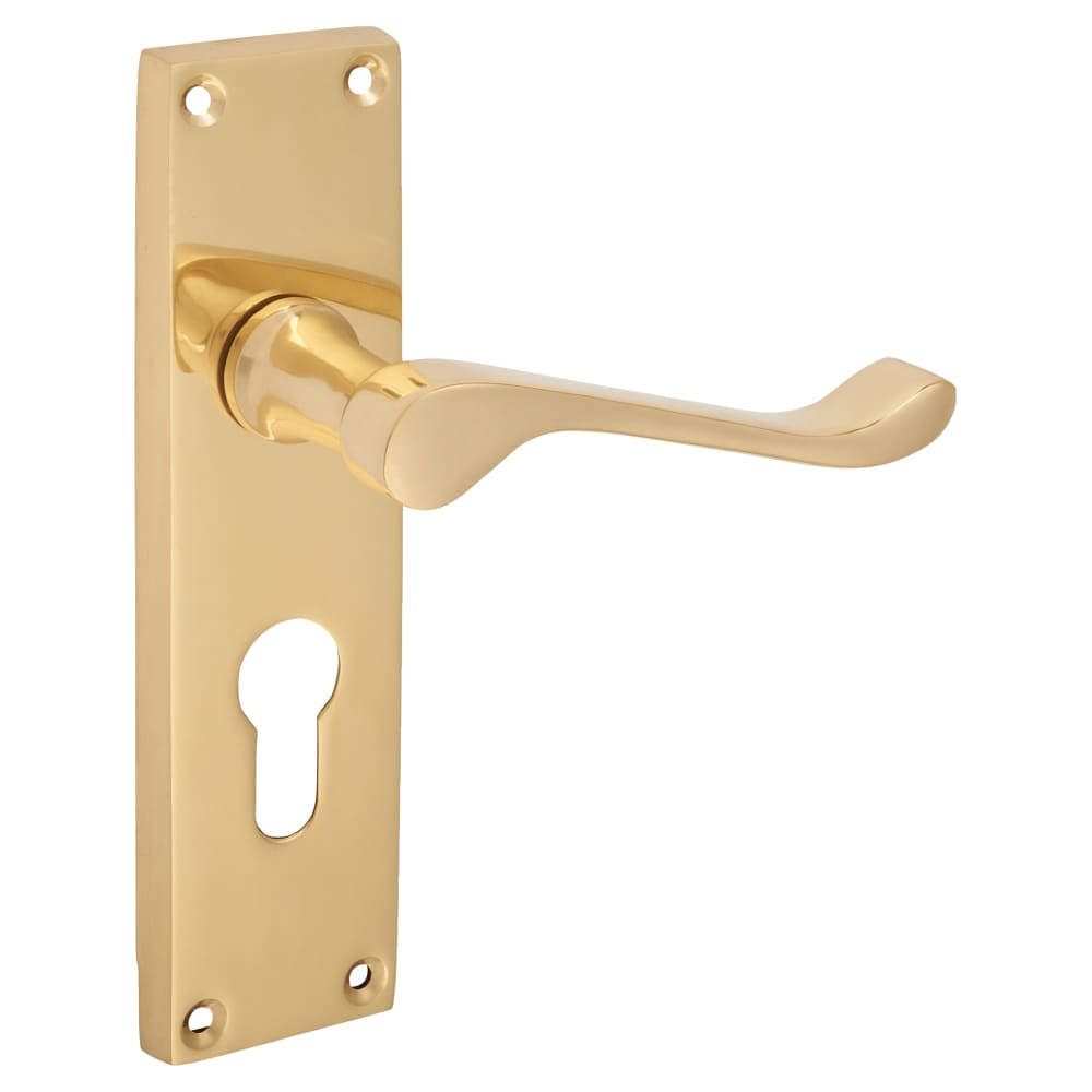 Touchpoint Victorian Scroll Lock Door Handle - Euro - 155 x 42mm - Polished Brass
