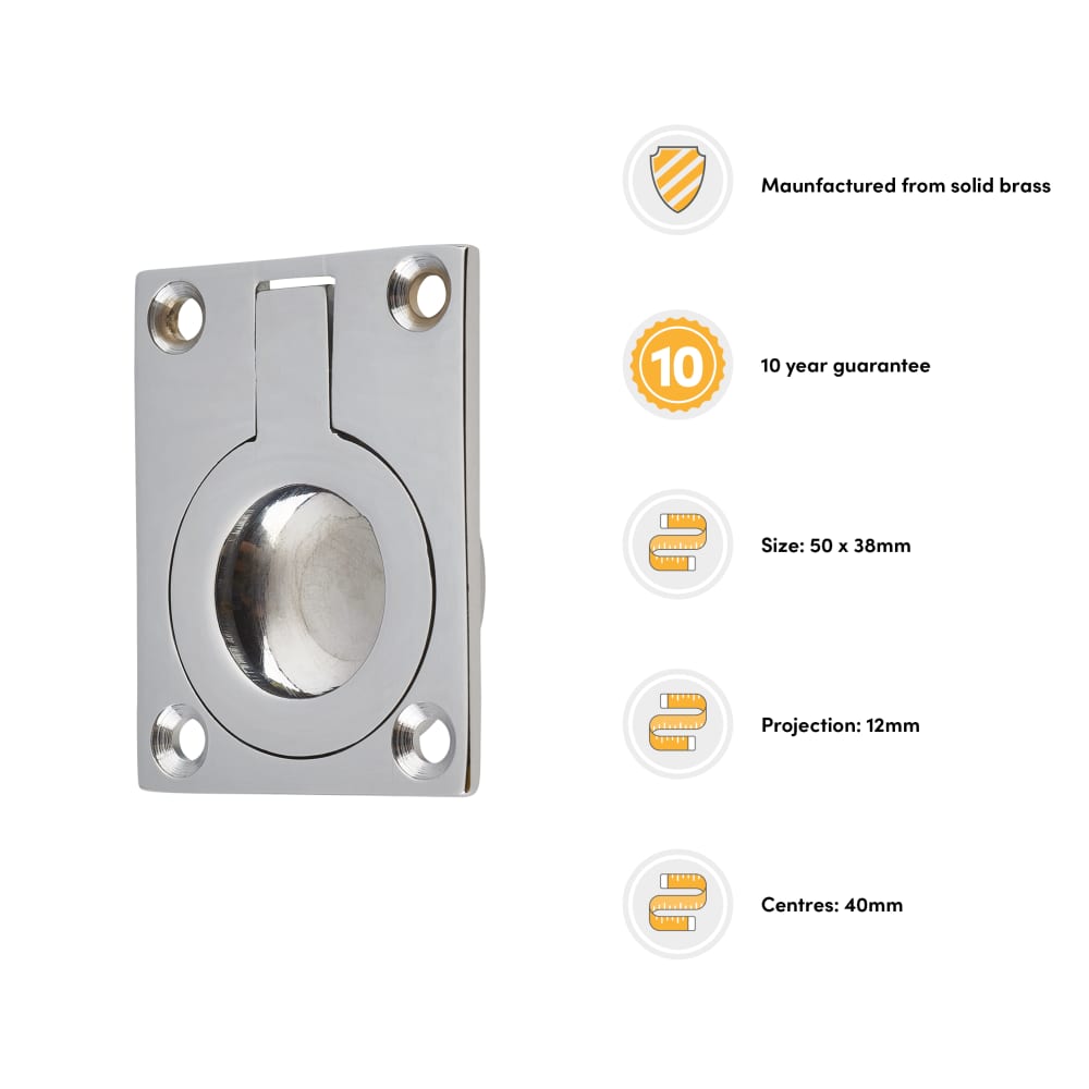 Altro Rectangular Flush Ring Cabinet Pull Handle - 50 x 38mm - Polished Chrome