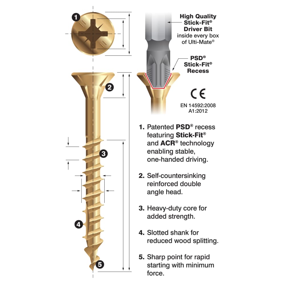 Ulti-Mate II Stick Fit PoziSquare Countersunk Wood Screws - 4.0 x 40mm - Yellow Zinc - Pack of 200