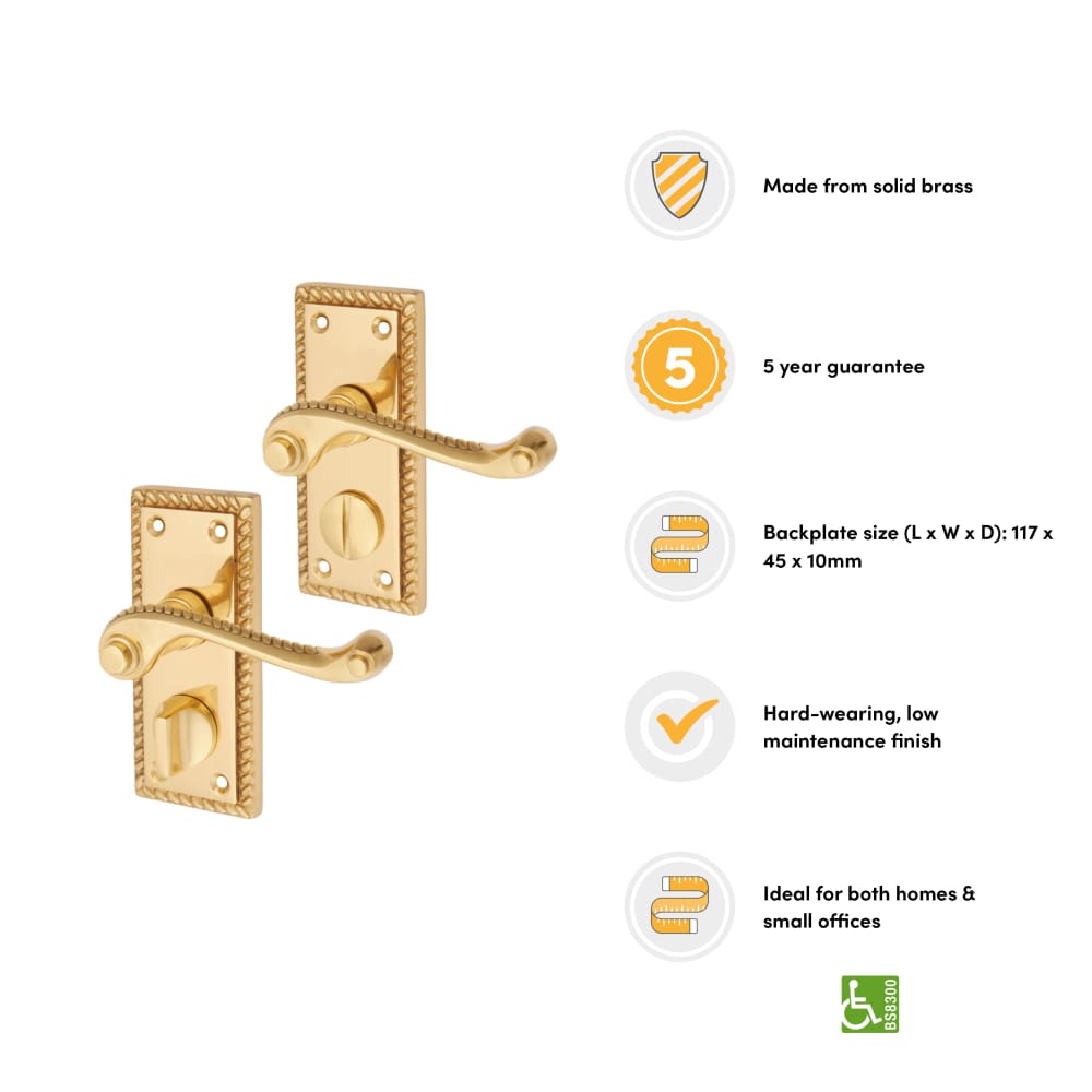 Touchpoint Georgian Privacy Door Handle - Short Plate - 117 x 45mm - Polished Brass