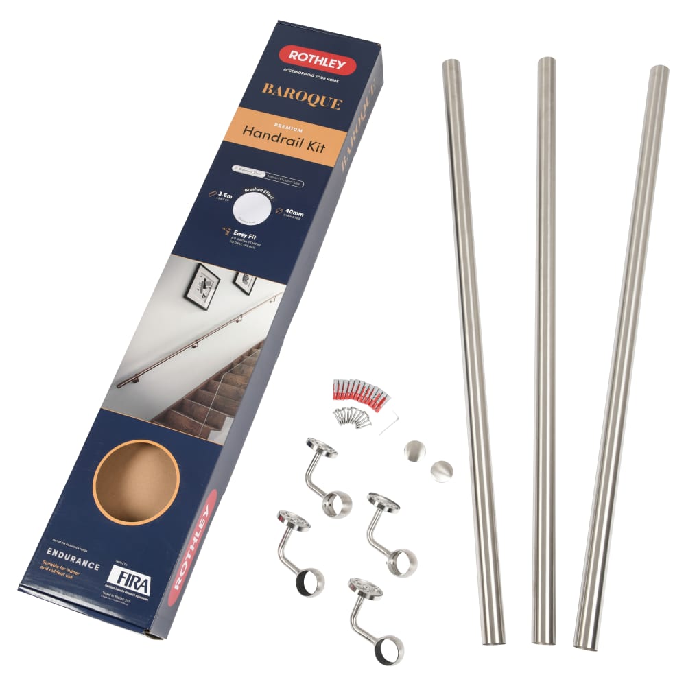 Rothley 40mm Handrail Banister Staircase Rail Support Kit - 3600mm Length - 304 Brushed Stainless