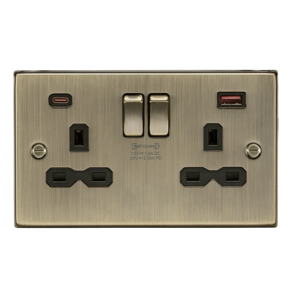 Knightsbridge 13A 2 Gang Type A/QC18W Type C/PD45W USB Socket with 2 x USB - Antique Brass/Black