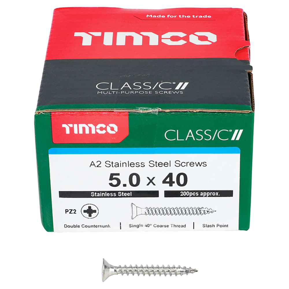 TIMCO Classic Pozi Countersunk Wood Screws - 5.0 x 40mm - A2 Stainless Steel - Pack of 200